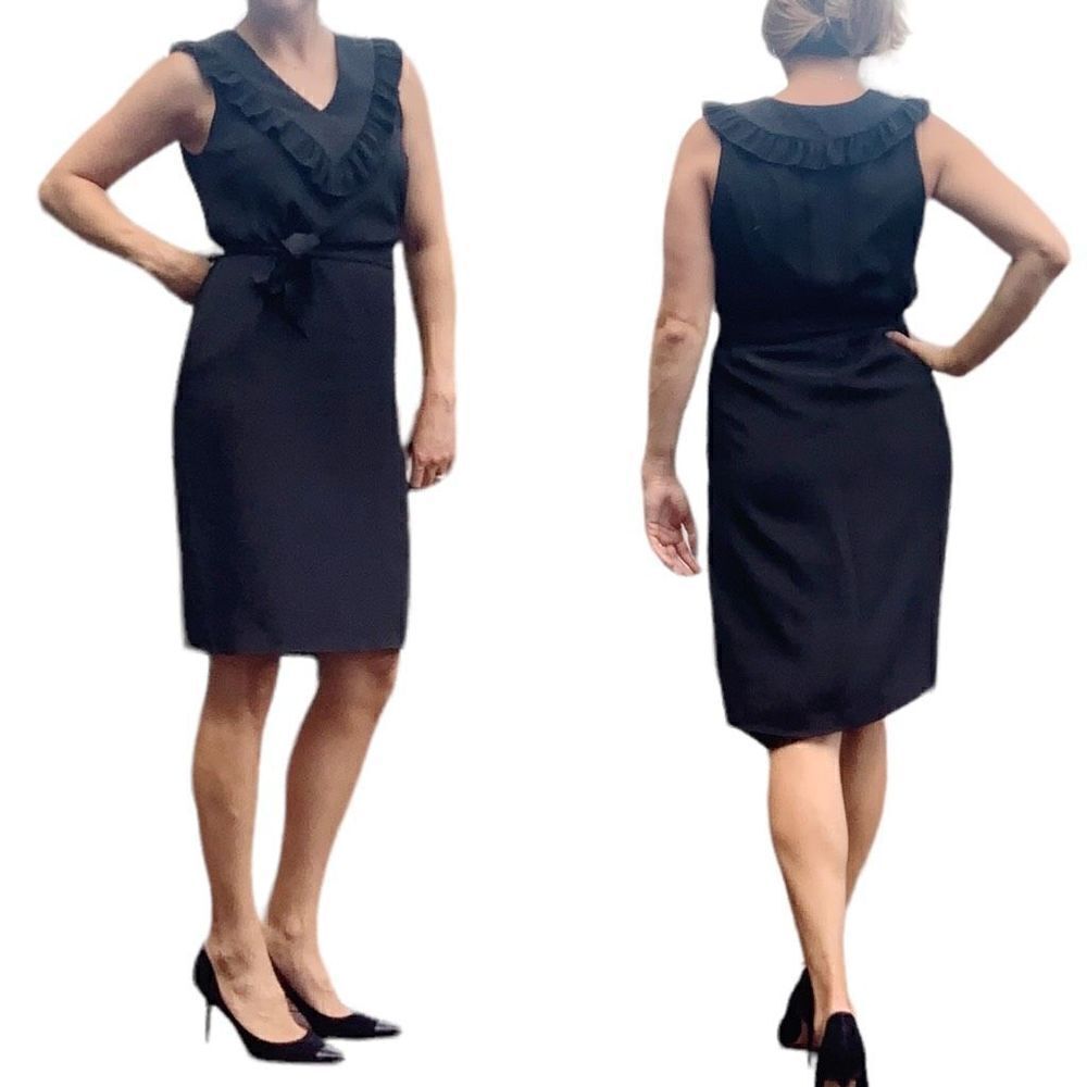 Barney’s New York Black Silk Dress Ruffle Neckline Tie Waist Women’s Size 6 / 40